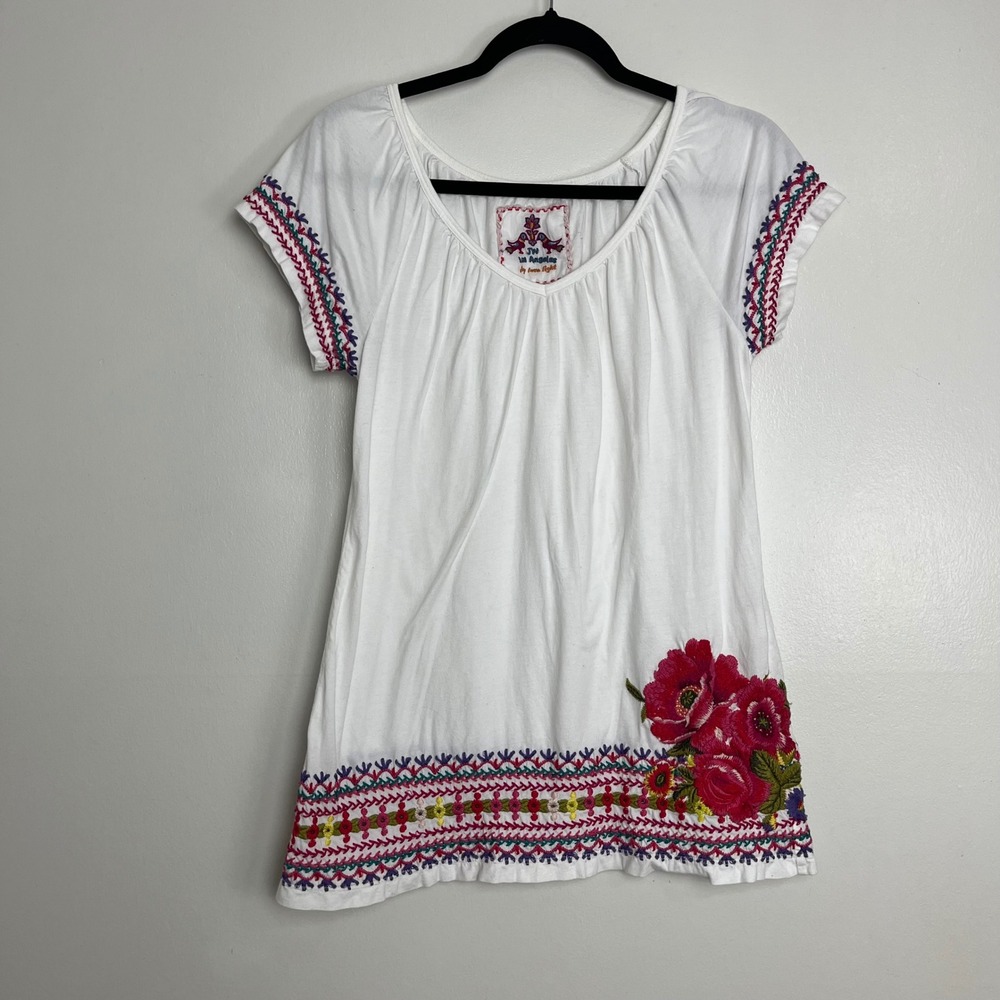 JW Los Angeles Boho Embroidered Tunic Top XS White Red Rose Floral Johnny Was